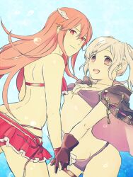 2girls absurdres alternate_costume armor ass bikini blush breasts cordelia_(fire_emblem) cordelia_(summer)_(fire_emblem) female female_only fire_emblem fire_emblem_awakening fire_emblem_heroes hair_ornament highres long_hair looking_at_viewer multiple_girls navel nintendo nishimura_(nianiamu) official_alternate_costume protected_link purple_bikini purple_swimsuit red_bikini red_eyes red_hair red_swimsuit robe robin_(female)_(summer)_(fire_emblem) robin_(fire_emblem) robin_(fire_emblem)_(female) smile swimsuit very_long_hair