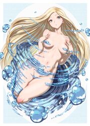 :o blonde_eyebrows blonde_hair blue_eyes breasts completely_nude completely_nude_female convenient_censoring female groin highres kous_(onetwojustice) long_hair looking_at_viewer medium_breasts navel nude nude_female romancing_saga_2 saga simple_background solo very_long_hair water water_censor water_faerie_(romancing_saga_2)