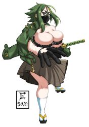 1girls artist_logo big_breasts breast_press earrings esan02b female female_only geta gloves green_eyebrows green_eyes green_hair hairclip hakama jacket jacket_on_shoulders japanese_clothes katana looking_at_viewer mask midori_(rizdraws) mouth_mask sandals skirt socks solo topwear white_background