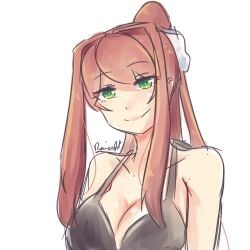 1girls artist_name bare_shoulders black_bra bra breasts cleavage doki_doki_literature_club english_text female green_eyes long_hair monika_(doki_doki_literature_club) raionart text