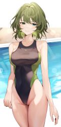 1girls blush breasts cameltoe collarbone competition_swimsuit cowboy_shot female female female_only green_eyes groin heterochromia highres idolmaster idolmaster_cinderella_girls koyo_akio large_breasts letterboxed looking_at_viewer mole mole_under_eye one-piece_swimsuit poolside skindentation smile solo swimsuit takagaki_kaede