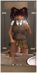 3d_(artwork) anthro blue_eyes bottomwear breasts clothed clothing clothing_lift digital_media_(artwork) domestic_cat felid feline felis futanari genitals glistening glistening_body hairless hairless_cat herm hi_res intersex mako_(the_anthropomorphologist) mammal mirror mirror_selfie panties panties_down partially_clothed penis phone school_uniform selfie skirt skirt_lift solo tail the_anthropomorphologist twintails underwear underwear_down uniform