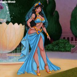 1girls aged_up aladdin aladdin_(1992_disney_film) arabian belly_dancer belly_dancer_outfit child_bearing_hips cleavage dark-skinned_female disney disney_princess harem_girl harem_outfit headwear huge_breasts milf mshowllet platform_heels princess_jasmine royalty tiara voluptuous