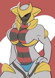 2d_(artwork) anthro dima_(artist) female game_freak giratina hand_on_hip hand_on_own_hip hourglass_figure looking_at_viewer panties panties_only pokémon pokémon_(species) red_eyes thick_thighs