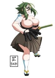 1girls artist_logo bandage big_breasts breast_press earrings esan02b female female_only geta gloves green_eyebrows green_eyes green_hair hairclip hakama japanese_clothes katana looking_at_viewer midori_(rizdraws) sandals skirt socks solo topwear white_background