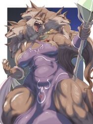 animal_ears biceps breasts cleavage dress fangs female final_fantasy final_fantasy_iii furry highres kous_(onetwojustice) monster monster_girl muscular muscular_female open_mouth purple_dress scylla_(final_fantasy) solo staff thick_thighs thighs wolf_ears wolf_girl