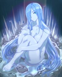 blue_eyes blue_hair blue_skin breasts castlevania cleavage colored_skin completely_nude feet female frozen_shade highres hugging_own_legs kous_(onetwojustice) long_hair looking_at_viewer nude solo toes very_long_hair