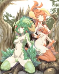 absurdres breasts closed_mouth day female female_only forest highres horns kous_(onetwojustice) long_hair looking_at_viewer monster_girl multiple_girls nature navel open_mouth outdoors saga saga_frontier saga_frontier_2 spread_legs