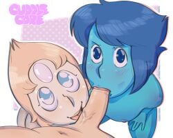 1boy 2girls blowjob blowjob_only blue_eyes blue_hair blush cuddlecore fellatio fellatio_pov female_focus lapis_lazuli_(steven_universe) looking_at_viewer male_pov nude nude_female oral oral_sex orientation_play pale_skin pearl_(steven_universe) pov pov_eye_contact steven_universe