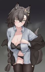 1girls animal_ears arknights black_hair black_underwear bra breasts collarbone fangs_(artist) jacket light-skinned_female light_skin long_hair looking_at_viewer off_shoulder penance_(arknights) simple_background solo tail thighhighs underwear wolf_ears wolf_girl wolf_tail yellow_eyes