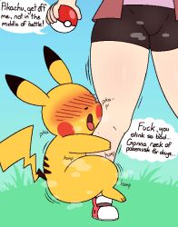 anthro blush bottomwear cheek_spots clothed clothing dialogue digital_drawing_(artwork) digital_media_(artwork) duo eyeless female footwear fur generation_1_pokemon grass hi_res hotpants human humping humping_leg interspecies male male/female mammal musk musk_clouds nintendo open_mouth pikachu pixel_(artwork) plant pokeball pokemon pokemon_(species) pokemon_trainer pokephilia public rodent shoes shorts simple_background speech_bubble tail text white_body white_skin yellow_body yellow_fur zlut385