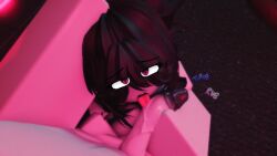 1boy 1girls 3d black_hair black_penis blowjob commission commissioner_upload cuddling eyes_visible_through_hair fellatio frkorna licking_penis onomatopoeia pov roblox roblox_avatar robloxian tagme tongue_out white_penis white_skin