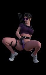 1girls 3d agent_4_tea_se7en big_breasts black_hair clothed clothing crop_top g-string kate_bishop large_breasts marvel marvel's_avengers_(game) marvel_comics shirt squatting sunglasses superheroine tagme thighs thong touching_pussy video_game video_game_character video_games