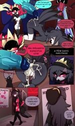 2girls asmodeus_(helluva_boss) ass big_ass big_penis bird broken_rape_victim clothed comic comic_page cum cum_in_ass cum_in_pussy cum_inside demon female fizzarolli_(helluva_boss) foursome hazbin_hotel helluva_boss licking mind_break musical_note naked niffty_(hazbin_hotel) octavia_(helluva_boss) owl partial_male rape spiralart stroking_cock verosika_mayday_(helluva_boss)