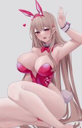 1girls alternate_costume arm_up armpits big_breasts blonde_hair blush breasts bunny_ears bunny_girl bunny_tail cleavage female female_only goddess_of_victory:_nikke hair_ornament hi_res long_hair looking_at_viewer nanako94418108 official_alternate_costume open_mouth pink_eyes pink_leotard sitting smile solo viper_(nikke) viper_(toxic_rabbit)_(nikke) waving white_background white_leggings white_legwear