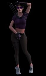 1girls 3d agent_4_tea_se7en big_breasts black_hair clothed clothing kate_bishop large_breasts marvel marvel's_avengers_(game) marvel_comics shirt sunglasses superheroine tagme thighs video_game video_game_character video_games