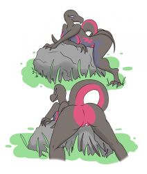 2d_(artwork) ass dima_(artist) game_freak leaning_on_rock looking_back_at_viewer pokémon_(species) pokemon pokemon_(species) presenting_hindquarters purple_eyes pussy rock salazzle scalie tail thick_thighs