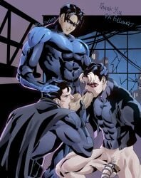 3boys arms_behind_back batcest batman batman:_under_the_red_hood batman_(bruce_wayne) batman_(series) big_penis blowjob bottomless bruce_wayne chastity_cage cock_cage dc dc_comics dick_grayson gay hand_on_head jason_todd knees_apart_feet_together legs_apart legs_spread licking_penis looking_down_at_partner male male/male/male male_only nightwing red_hood_(dc) sarriathmg threesome two_subs_one_dom yaoi