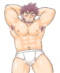 1boy abs armpit_hair arms bara bashira_o bulge byron_(pokemon) eyebrows hands_behind_head male_only muscular_male pecs pokemon smooth_skinned_male solo_male thighs tighty_whities underwear white_underwear