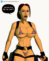 abs backpack bag belt big_breasts bikini british brown_eyes brown_hair busty casual clothing female fit_female gloves gnashershells gun handwear human lara_croft lara_croft_(classic) legwear massive_breasts muscles pale_skin playstation polygon ps1_artstyle solo speech_bubble straps swimwear tactical_nudity text tomb_raider united_kingdom