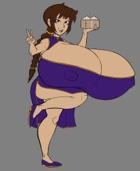 1girls areola_bulge ass braid braided_hair breasts brown_hair cleavage dumpling female female_focus female_only hyper hyper_breasts large_breasts looking_at_viewer lulu_lee massive_breasts megaflare08 nipple_bulge one_leg_up peace_sign purple_hair solo thighs voodoofus