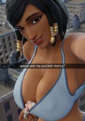 3d 3d_(artwork) big_breasts black_hair black_hair_female blonde_female blonde_hair blue_eyes bottopbot2 bra breasts brown_eyes caption city dark-skinned_female dark_hair english english_text fanart giantess height_difference larger_female light-skinned_female looking_at_viewer medium_hair mercy overwatch pharah raven_hair size_difference smaller_female text video_games