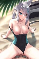 1boy animal_ear_fluff animal_ears arm_support azure-maya bag beach black_bag black_one-piece_swimsuit blue_archive blue_eyes blurry blurry_foreground breasts breasts_apart breasts_out breath censored clitoris clothed_sex clothes_pull clothing_aside collarbone commentary_request competition_swimsuit covered_navel cross cross_hair_ornament cum dark-skinned_male dark_skin depth_of_field ejaculation embarrassed erection extra_ears female grey_hair hair_between_eyes hair_ornament half-closed_eyes halo heart heavy_breathing highleg highleg_swimsuit highres interracial inverted_cross leaning_back long_hair medium_breasts mismatched_pupils mosaic_censoring motion_lines navel nipples official_alternate_costume on_ground one-piece_swimsuit one-piece_swimsuit_pull outdoors palm_leaf parted_lips penis pov pussy pussy_juice raised_eyebrows saliva sex shiroko_(blue_archive) shiroko_(swimsuit)_(blue_archive) shoulder_bag sidelocks sitting solo_focus spoken_heart straddling straight strap_slip sweat swimsuit swimsuit_aside tears thighs trembling unzipped upright_straddle vaginal_penetration wolf_ears zipper