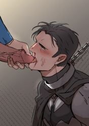 batman batman_(bruce_wayne) batman_(series) big_penis blowjob bondage bruce_wayne chained chained_collar chains clark_kent collar dc dc_comics gay gay_blowjob gay_sex kneeling male maple50821 nosebleed open_mouth oral oral_sex penis submissive_male superman superman_(series) yaoi