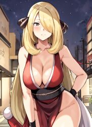 ai_generated alternate_costume blonde_hair blush city_background cosplay cynthia_(pokemon) hair_ornament king_of_fighters large_breasts leaning_forward looking_at_viewer mai_shiranui mai_shiranui_(cosplay) night_sky nintendo pokemon stable_diffusion