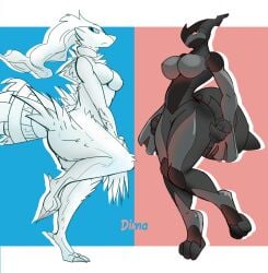 2d_(artwork) 2girls anthro artist_name big_breasts blue_eyes border dima_(artist) dragon female female_dragon female_pokemon game_freak hourglass_figure medium_breasts multiple_girls nintendo nude pokemon pokemon_(species) red_eyes reshiram thick_thighs white_border zekrom