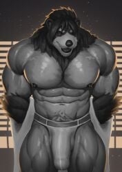 abs absurd_res anthro bear big_bulge big_pecs bulge clothed clothing earthist genital_outline greyscale hi_res jockstrap looking_at_viewer male mammal monochrome muscular muscular_anthro muscular_male nipples pecs penis_outline red_eyes solo standing underwear underwear_only undressing