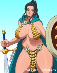 1girls big_breasts bikini black_hair blue_eyes female female_only huge_breasts kameseru large_breasts loincloth looking_at_viewer massive_breasts nico_robin one_piece pelvic_curtain post-timeskip rebecca_(one_piece)_(cosplay) shield solo sword thick_thighs