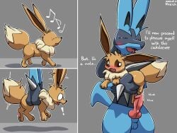 2023 animal_genitalia anthro balls blue_balls blue_body blue_ears blue_tail blush bodily_fluids brown_body brown_ears brown_fur brown_tail carrying_another closed_eyes comic dialogue eevee english_text eparihser erection exclamation_point feral fingers fur generation_1_pokemon generation_4_pokemon genital_fluids genitals hi_res imminent_bestiality imminent_sex knot larger_anthro larger_male lucario male nintendo nude pawpads penis pink_knot pink_pawpads pink_penis pokemon pokemon_(species) precum quadruped sheath side_view size_difference sweat tail teeth text tongue