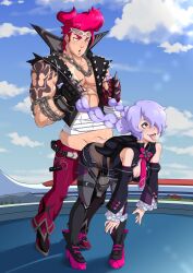 1boy 1boy1girl 1girls braided_hair braided_twintails duo era_(omega_strikers) female female_penetrated from_behind hair_pull large_breasts magenta_hair male male/female male_penetrating male_penetrating_female muscular muscular_male omega_strikers open_mouth penis pink_hair platform_boots platform_shoes pulling_hair purple_hair sex tongue tongue_out x_(omega_strikers)