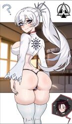 1girls 2girls alternate_breast_size ass blue_eyes blush breasts bubble_butt dizzle dizzle_tan female female_only large_ass large_breasts light-skinned_female light_skin long_hair multiple_girls pale-skinned_female pale_skin ponytail red_hair ruby_rose rwby short_hair solo_focus thong vale_outfit weiss_schnee weiss_schnee_(vale) white_hair yuri