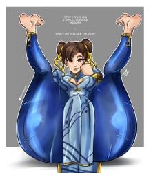 1girls blue_legwear chun-li dialogue english_text feet feet_up female female_only gyarugaka huge_ass leggings legwear solo street_fighter street_fighter_6 text