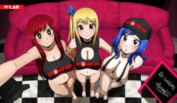 3girls blonde_hair blonde_pubic_hair blue_hair blue_pubic_hair blush breasts camera embarrassed erza_scarlet fairy_tail feet female female_only filming h-lab juvia_lockser looking_at_viewer lucy_heartfilia pornhub pornography pornstar pubic_hair red_hair red_pubic_hair smile toes