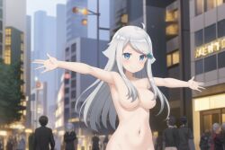 ai_generated city convenient_censoring crowd exhibitionism hair_censor imouto_sae_ireba_ii kani_nayuta navel nude_female public_indecency public_nudity silver_hair spread_arms streaking