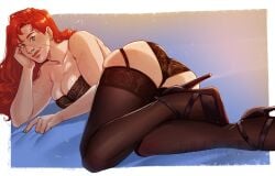 1girls female female_only freckles garter_straps green_eyes heels hi_res leaning_on_elbow lingerie long_hair looking_at_viewer lying lying_on_side morrighan_o'hara on_side red_hair scar scar_on_face scar_on_nose smiling smiling_at_viewer solo stockings thick_thighs triple_moonbow