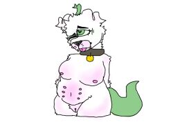 <3_eyes anthro belly big_belly big_breasts blush breasts canid canine canis chubby_female collar domestic_dog female genitals heart hybrid lizzy_(disambiguation) m3wgutz mammal overweight pit_bull plant pussy reptile scalie solo thick_thighs