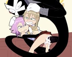 anal anal_creampie androgynous big_penis black_clothing crona_(soul_eater) cum cum_in_pussy cum_inside dick double_anal double_penetration female feminine_male green_eyes maka_albarn male massive_penis miscon penis pink_hair ragnarok_(demon_sword) school_uniform sex shocked shocked_expression soul_eater threesome