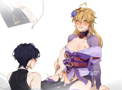 2boys aether_(genshin_impact) blonde_hair blush censored dressed embarrassed femboy genshin_impact handjob heart-shaped_pupils male male_with_painted_nails mommy_issues penis purple_hair purple_kimono raiden_shogun_(cosplay) scaramouche_(genshin_impact) submissive submissive_male thighhighs yaoi