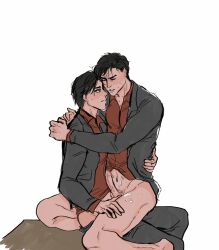 anal anal_sex batcest bottomless cum_on_leg dc dc_comics gay gay_sex gtstmtsm hand_around_waist jason_todd jaytim male male/male male_only male_penetrated male_penetrating male_penetrating_male red_hood_(dc) red_robin sitting_on_lap straddling straddling_lap suit suit_and_tie tim_drake yaoi