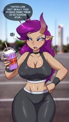 alexis_(lech_lewds) alexis_(lechlewds) cameltoe choker drink earrings grimace_(mcdonald's) grimace_shake lech_lewds leggings mcdonald's oc original pointed_ears purple_hair shake sports_bra succubus succubus_horns tight_clothing