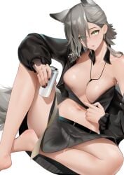 1girls 2023 animal_ear_fluff animal_ears arknights bare_shoulders barefoot belly_button big_breasts breasts choker drink grey_hair hi_res holding_object jacket jacket_removed legs_crossed light-skinned_female light_skin looking_at_viewer necklace penance_(arknights) simple_background sitting solo sweat vamjulian wolf_ears wolf_girl wolf_tail yellow_eyes