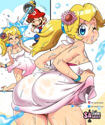 1boy 1girls ass bent_over blonde_hair blue_eyes blush dress female female_focus fludd hi_res long_hair looking_at_viewer male mario mario_(series) nintendo ponytail princess_peach sasatseng smiling smiling_at_viewer super_mario_sunshine wet_clothes wet_skin wink winking_at_viewer