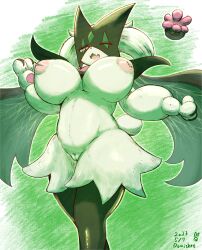 2023 3_fingers absurd_res anthro areola artist_name big_breasts black_claws black_legs black_pupils breasts claws dated digital_media_(artwork) domiskebet domisket female fingers front_view fur generation_9_pokemon genitals green_body green_fur hi_res huge_breasts inverted_nipples looking_at_viewer meowscarada multicolored_body nintendo nipples nude one_eye_closed one_eye_half-closed open_mouth pawpads pink_areola pink_eyes pink_nipples pink_nose pink_pawpads pokemon pokemon_(species) pokemon_sv pupils pussy scut_tail short_tail signature simple_background solo standing tail tongue