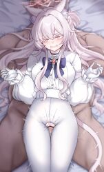 1boy :d absurdres akira_(blue_archive) animal_ears blue_archive blush breasts cat_ears cat_girl cat_tail censor_bar clenched_teeth clothed_female_nude_male clothed_sex collared_shirt commentary crotchless crotchless_pants cum cum_in_pussy cum_overflow daram_(shappydude) deep_penetration female female_ejaculation female_orgasm gloves hair_between_eyes halo hands_up highres hip_focus long_sleeves looking_afar looking_up lying lying_on_person medium_breasts nude on_back orgasm pants penis pink_eyes pussy pussy_juice sensei_(blue_archive) seven_prisoners_(blue_archive) sex sex_from_behind shirt slit_pupils smile solo_focus straight tail teeth thighs vaginal_penetration white_gloves white_hair white_pants white_shirt