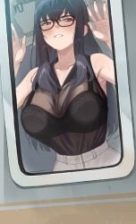 1boy 1girls against_glass big_breasts black_hair blush bra breast_press breasts breasts_on_glass busty chikan crowded fully_clothed glasses jagaimo kkamja large_breasts original public_transportation reina_(kkamja) smile sweat sweating train