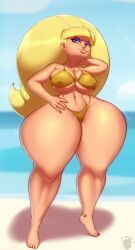 1girls barefoot beach bikini blonde_hair bottom_heavy breasts feet female female_only front_view gold_bikini gravity_falls looking_at_viewer n-kosi n-kosi_(coloring) nipple_bulge pacifica_northwest shortstack smug solo straight_hair swimsuit thick_thighs thunder_thighs wide_hips